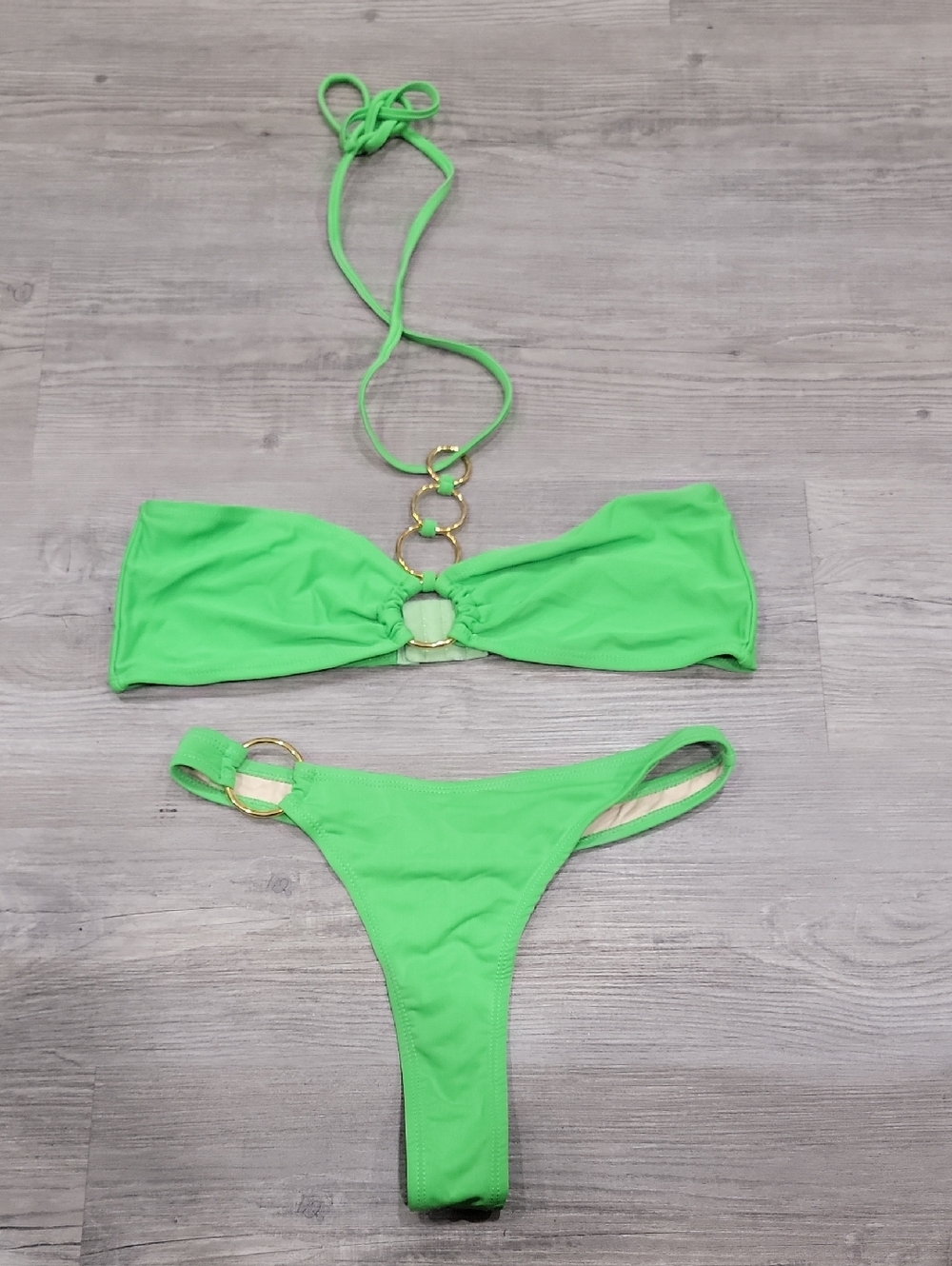 Neon Green Ring-Detail Bandeau Bikini Set